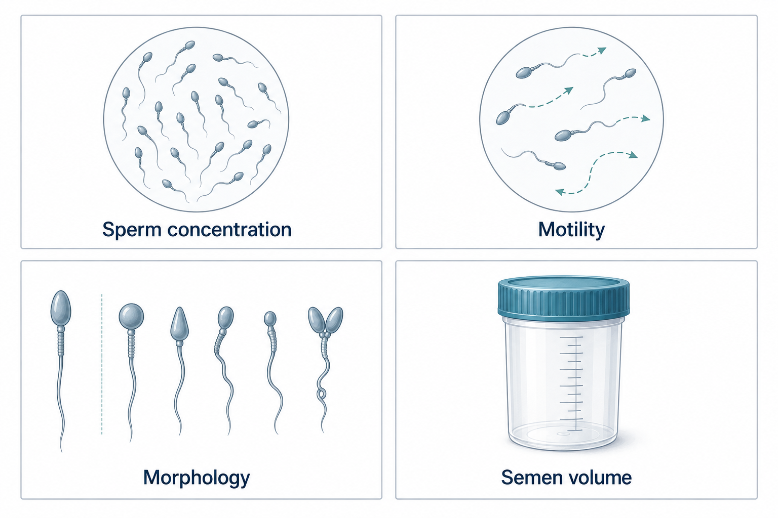 Diagram illustrating sperm concentration, motility, morphology and semen volume assessed during semen analysis.