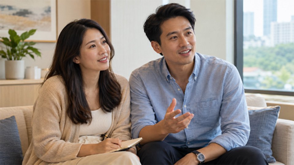 Couple asking questions and taking notes while discussing IVF treatment at a fertility clinic.
