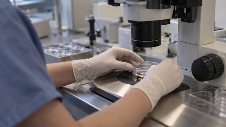 Embryologist handling a culture dish beneath a microscope in an IVF laboratory.