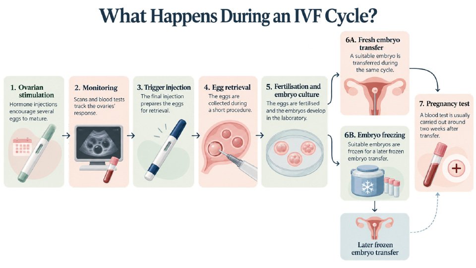 Diagram showing the stages of an IVF cycle from ovarian stimulation and monitoring to egg retrieval, fertilisation, embryo transfer or freezing, and pregnancy testing.